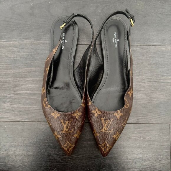 Louis Vuitton Cherie Slingback Flats Brown Monogram Canvas Pointed - Picture 1 of 12